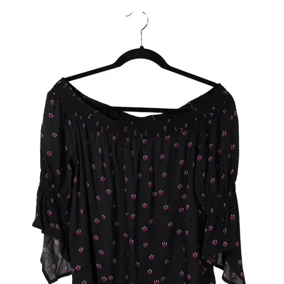 Express Women's Blouse Black Pink Floral Off Shoulder Ribbed 3/4 Sleeve Top M - Picture 6 of 9